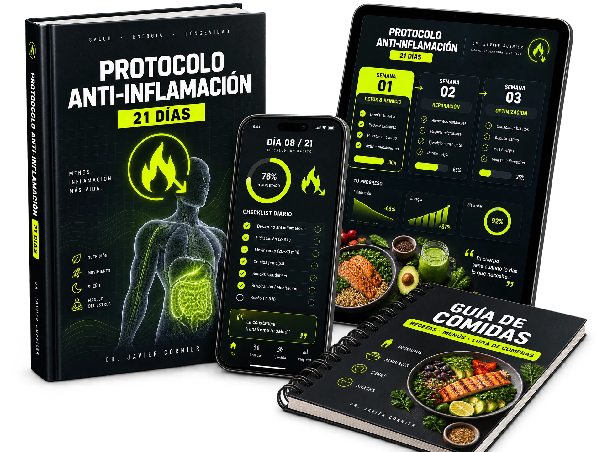 Protocolo Anti-Inflamación de 21 Días — libro, tablet, teléfono y guía de comidas